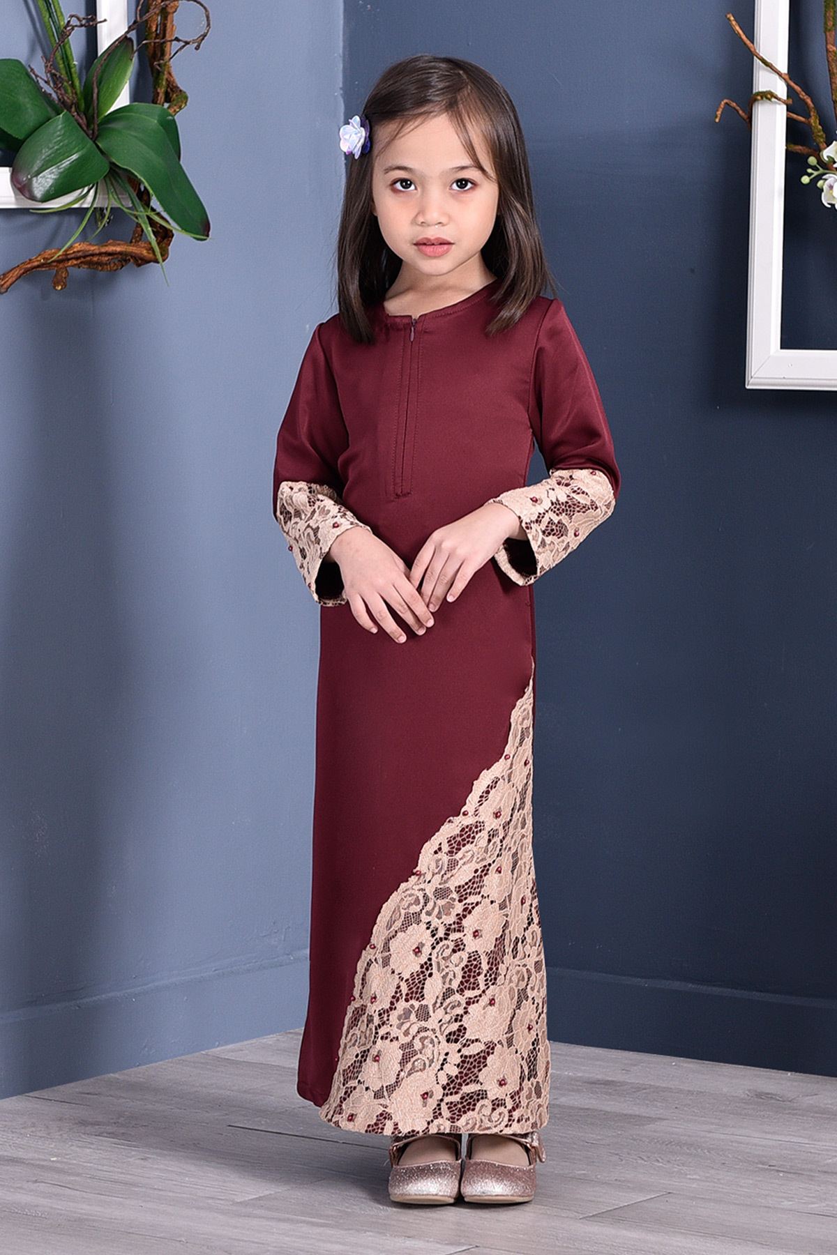 Abaya Lace Mazaya Kids - Rouge Maroon