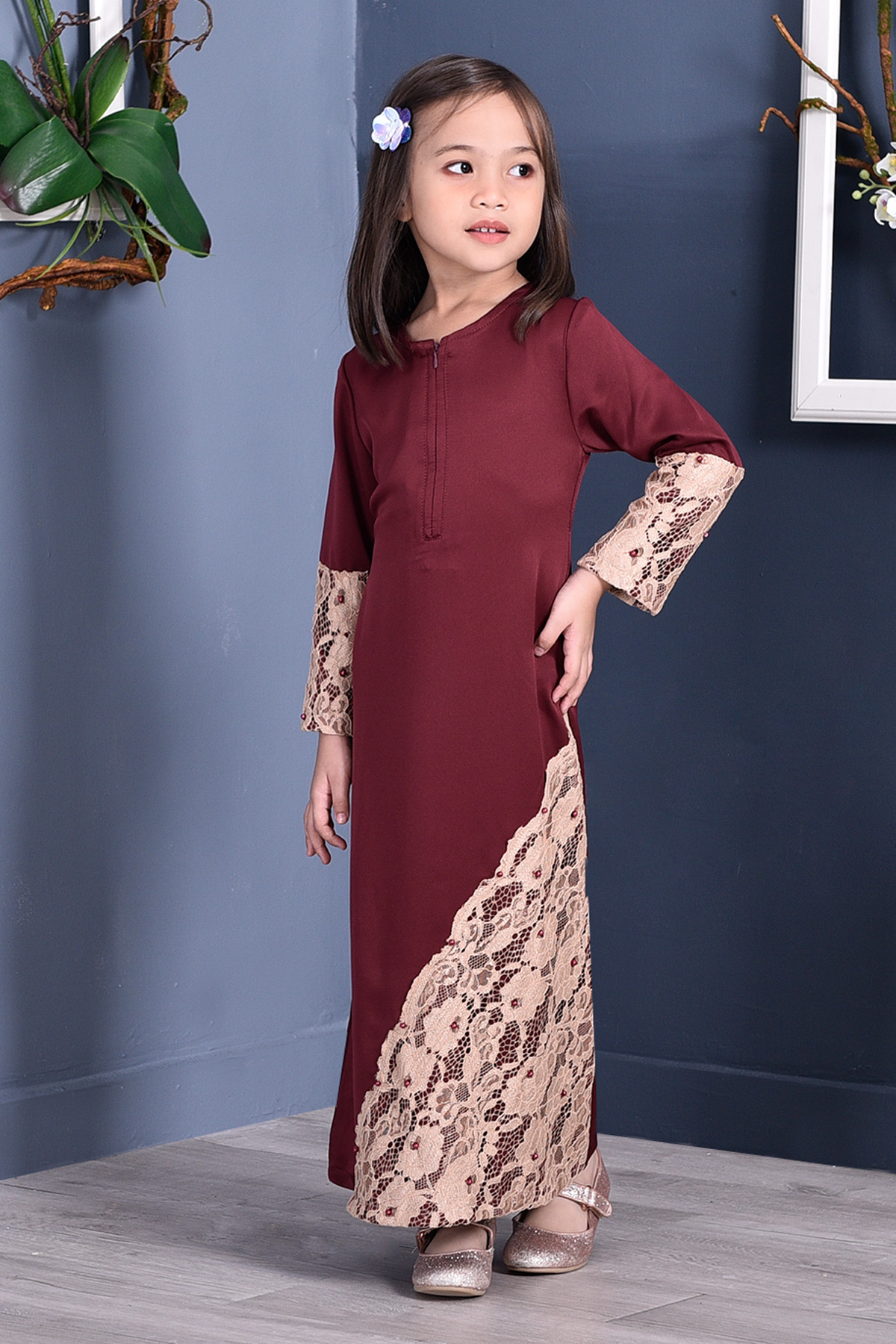 Abaya Lace Mazaya Kids - Rouge Maroon