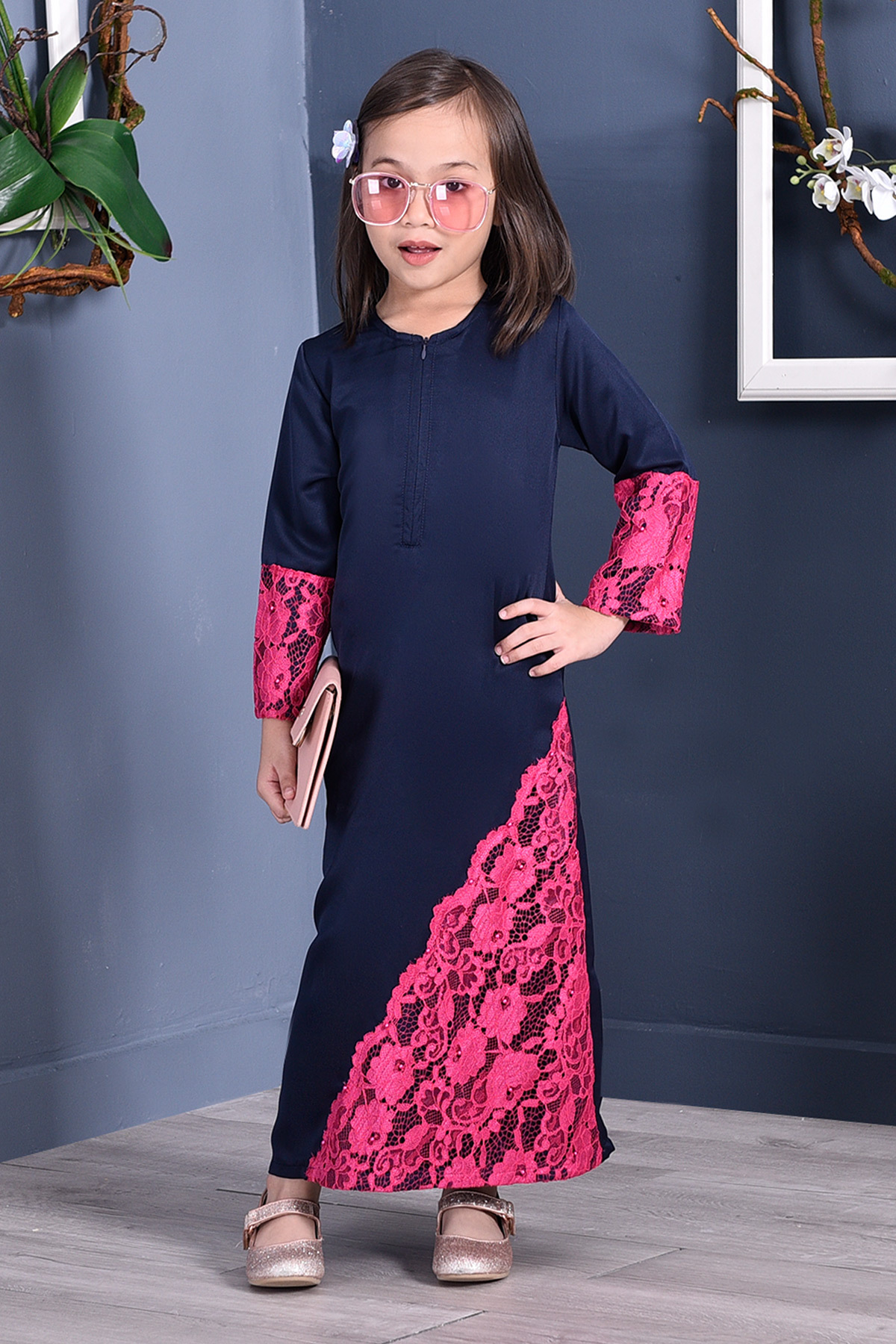 Abaya Lace Mazaya Kids - Navy Blue