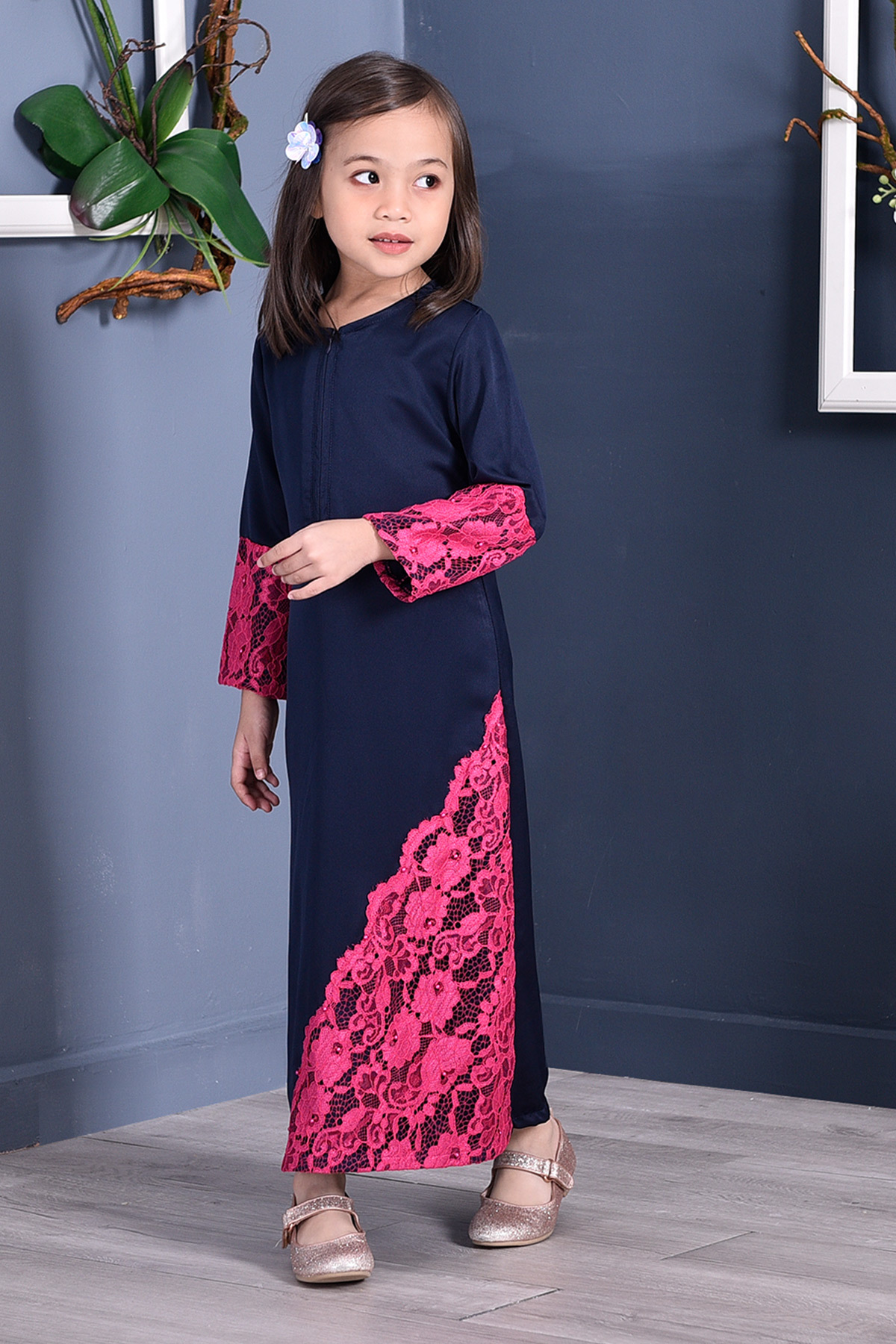 Abaya Lace Mazaya Kids - Navy Blue