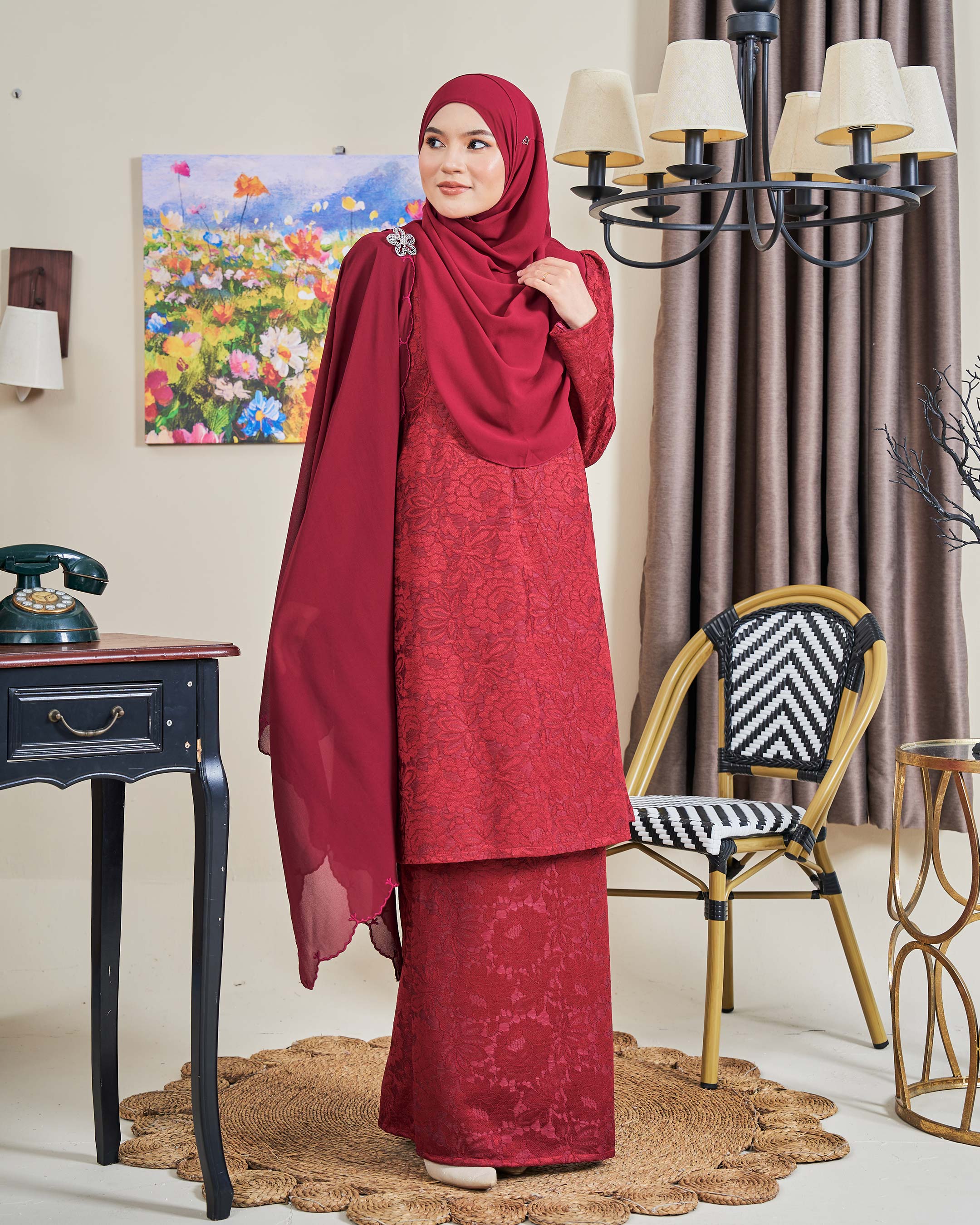 Baju Kurung Riau Lace Adiona - Mekar Maroon
