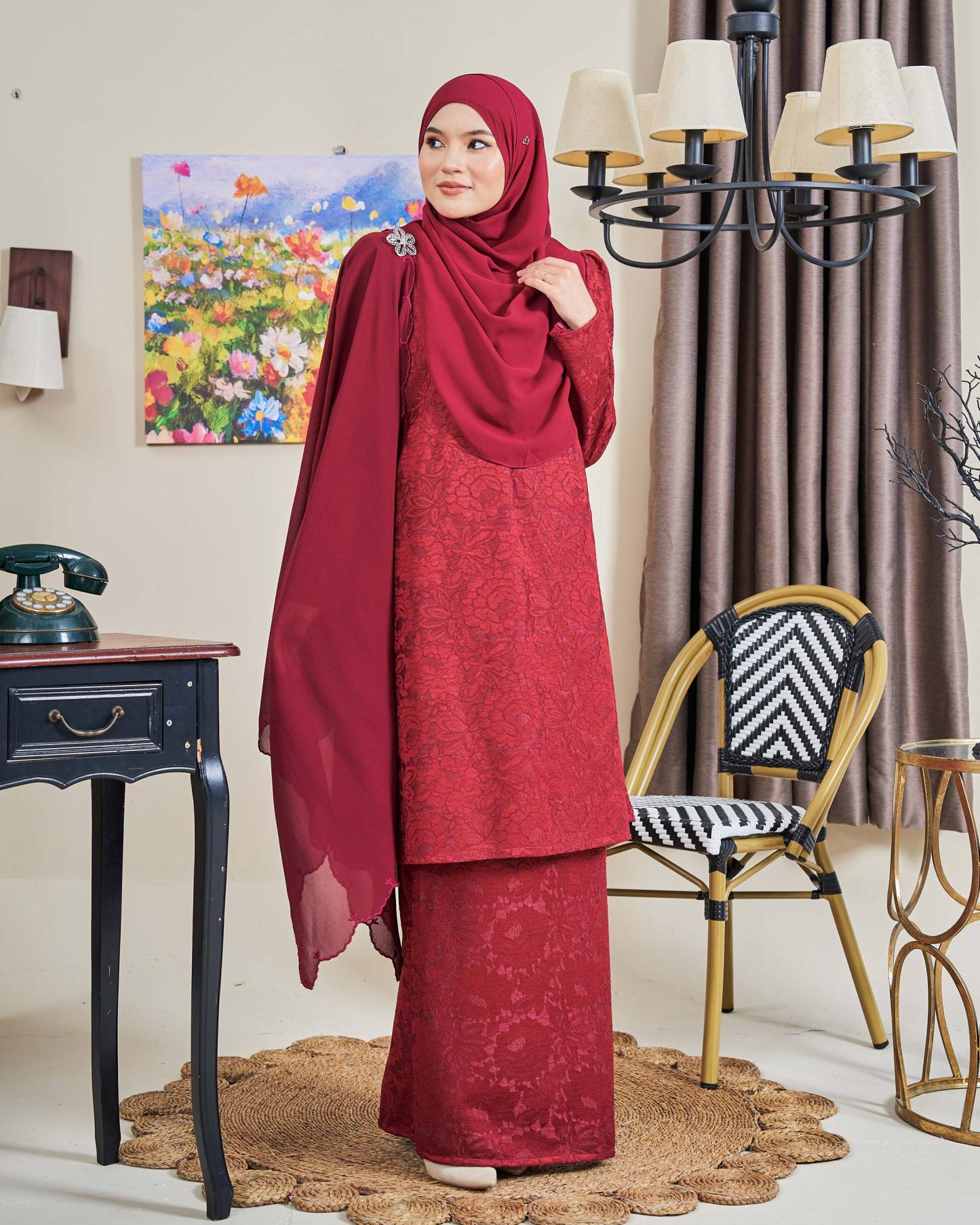 Baju Kurung Riau Lace Adiona - Mekar Maroon