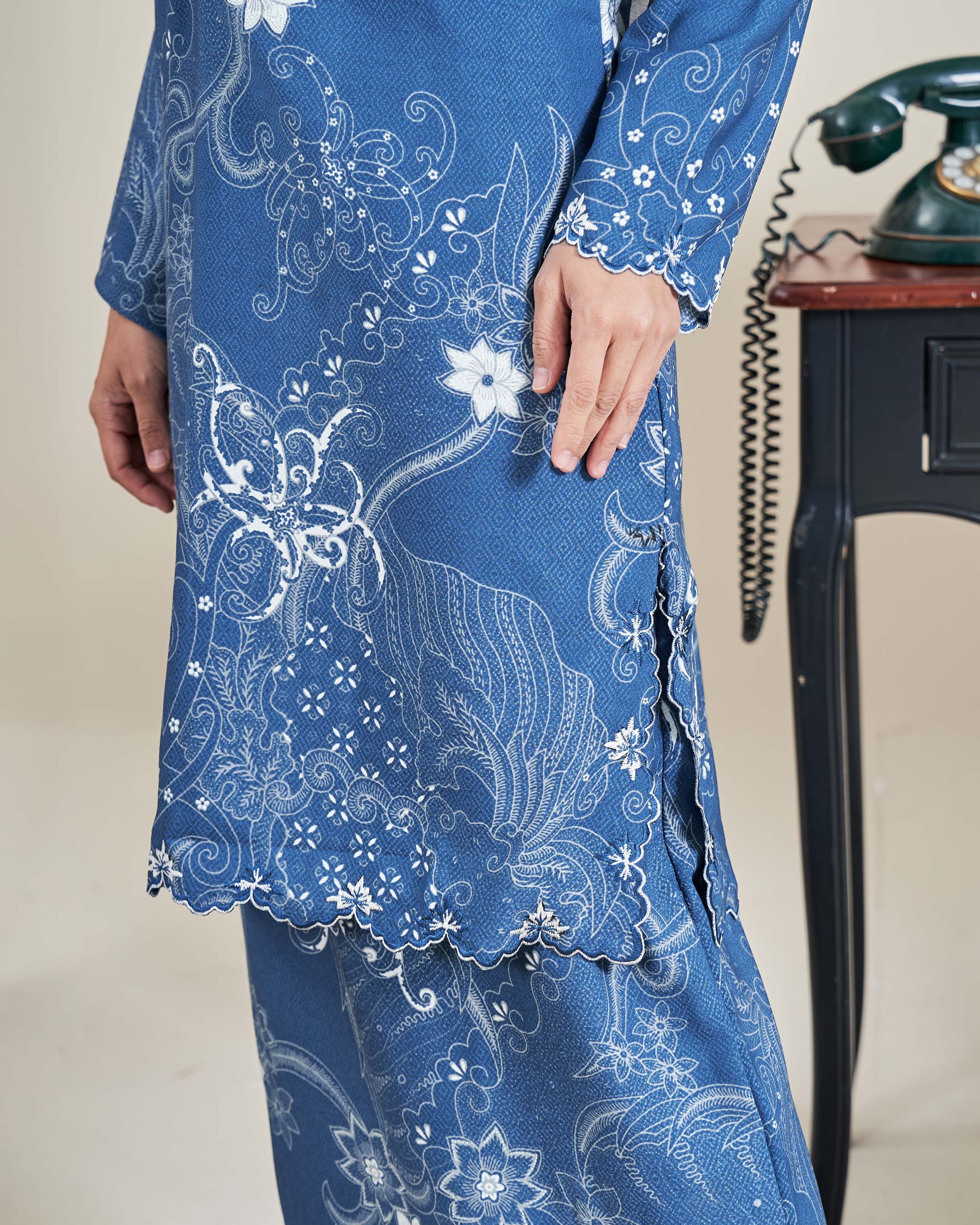 Baju Kurung Sulam Batik Ashalee - Kasturi Denim Blue