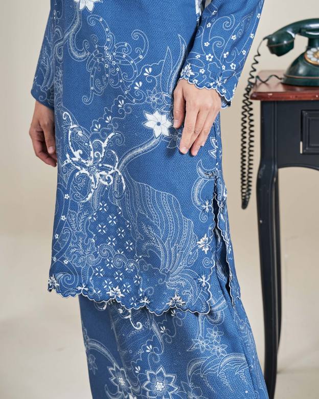 Baju Kurung Sulam Batik Ashalee - Kasturi Denim Blue