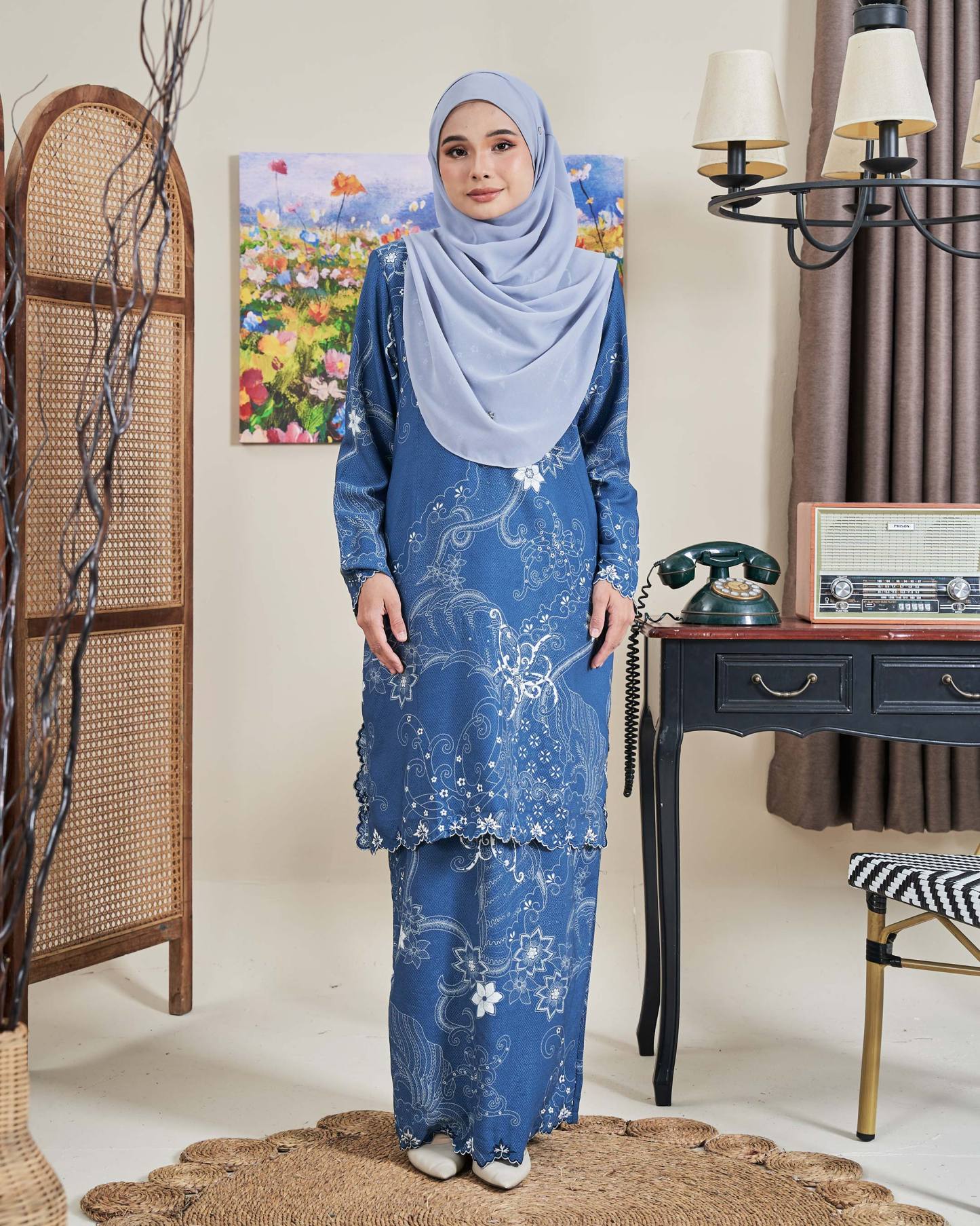 Baju Kurung Sulam Batik Ashalee - Kasturi Denim Blue