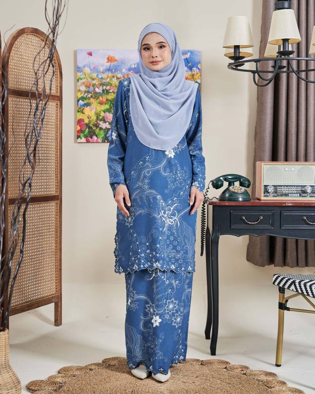 Baju Kurung Sulam Batik Ashalee - Kasturi Denim Blue
