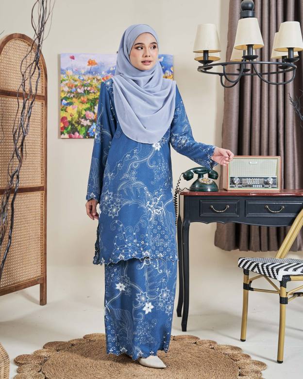 Baju Kurung Sulam Batik Ashalee - Kasturi Denim Blue