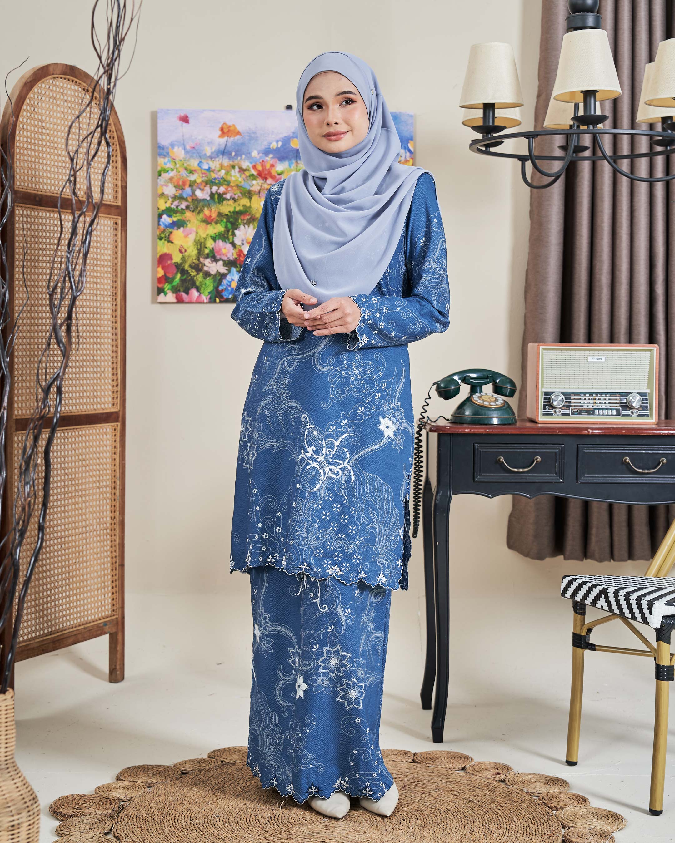 Baju Kurung Sulam Batik Ashalee - Kasturi Denim Blue