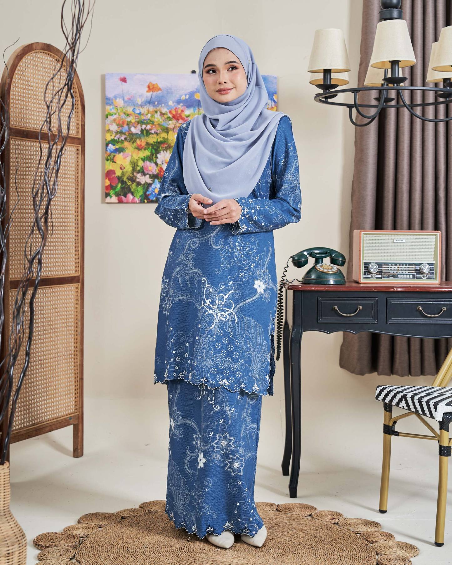 Baju Kurung Sulam Batik Ashalee - Kasturi Denim Blue