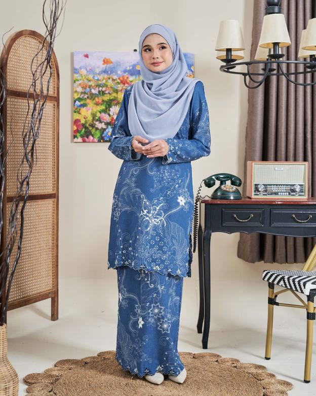 Baju Kurung Sulam Batik Ashalee - Kasturi Denim Blue