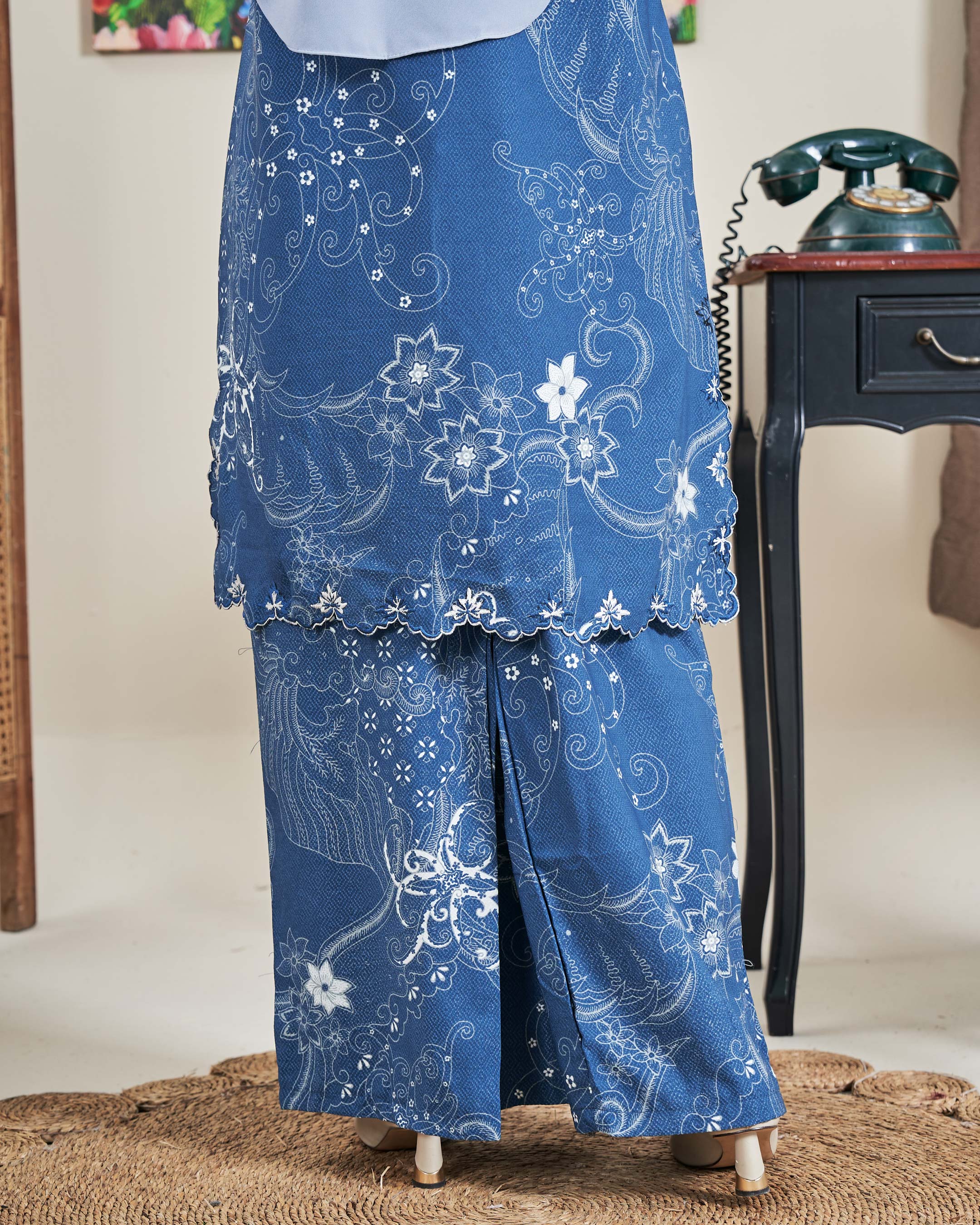 Baju Kurung Sulam Batik Ashalee - Kasturi Denim Blue