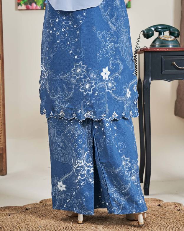 Baju Kurung Sulam Batik Ashalee - Kasturi Denim Blue