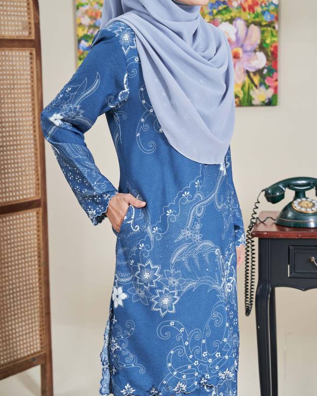 Baju Kurung Sulam Batik Ashalee - Kasturi Denim Blue