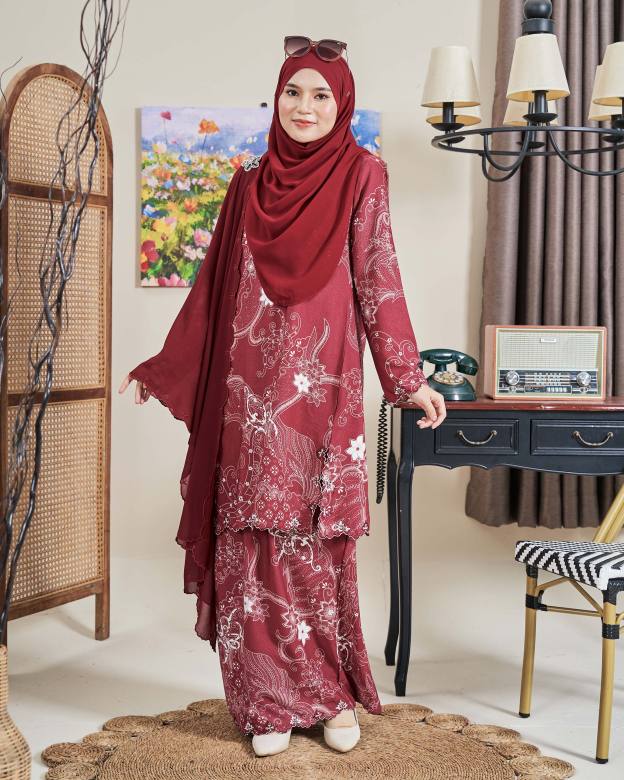 Baju Kurung Sulam Batik Ashalee - Kasturi Maroon