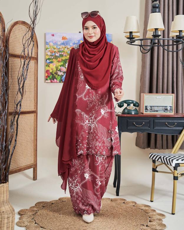 Baju Kurung Sulam Batik Ashalee - Kasturi Maroon