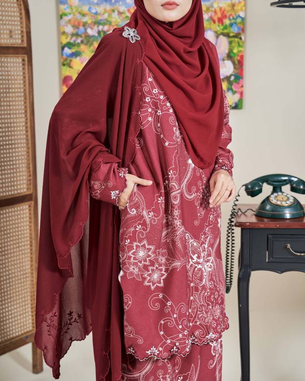 Baju Kurung Sulam Batik Ashalee - Kasturi Maroon