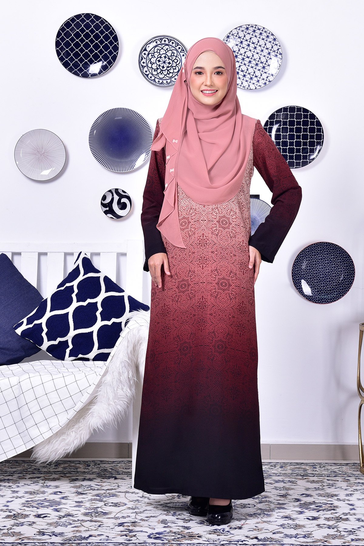 Abaya Adibah Ombre Geometry (TALL) - Matador Red