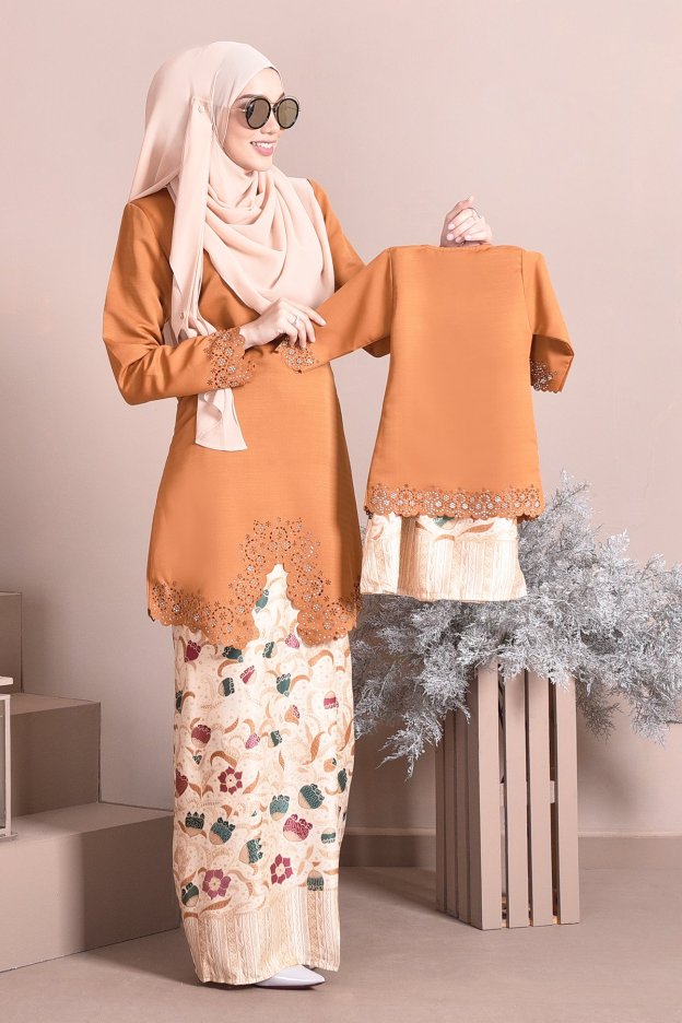 Baju Kebarung Batik Moden Lasercut Nadim Kids - Mustard