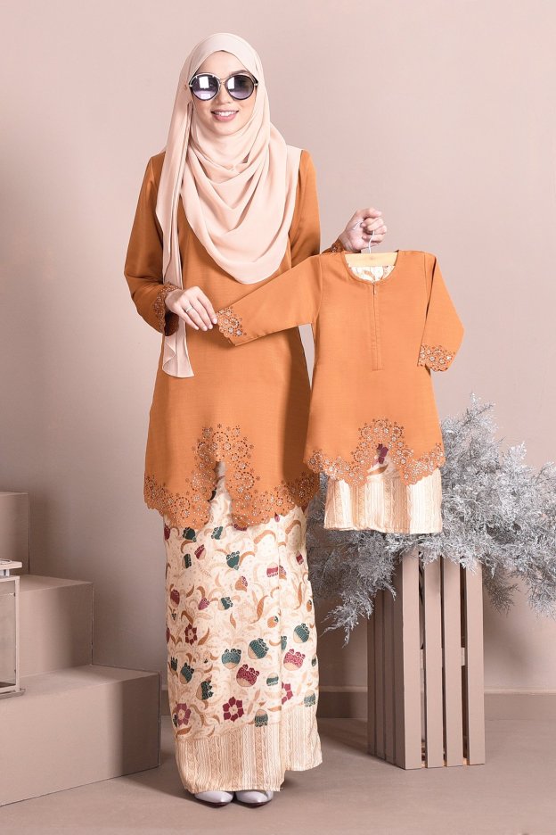 Baju Kebarung Batik Moden Lasercut Nadim Kids - Mustard