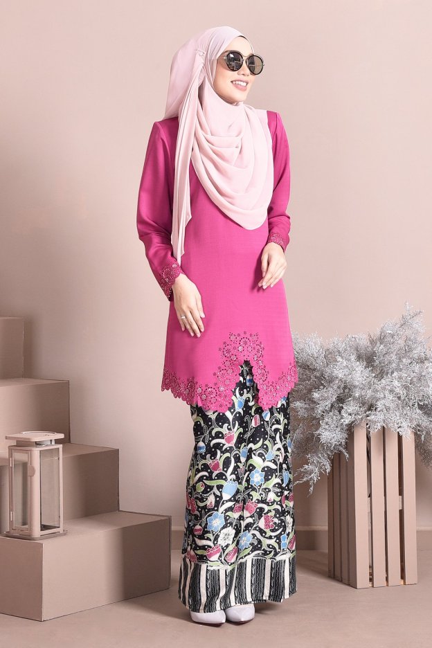 Baju Kebarung Batik Moden Lasercut Nadim - Pink