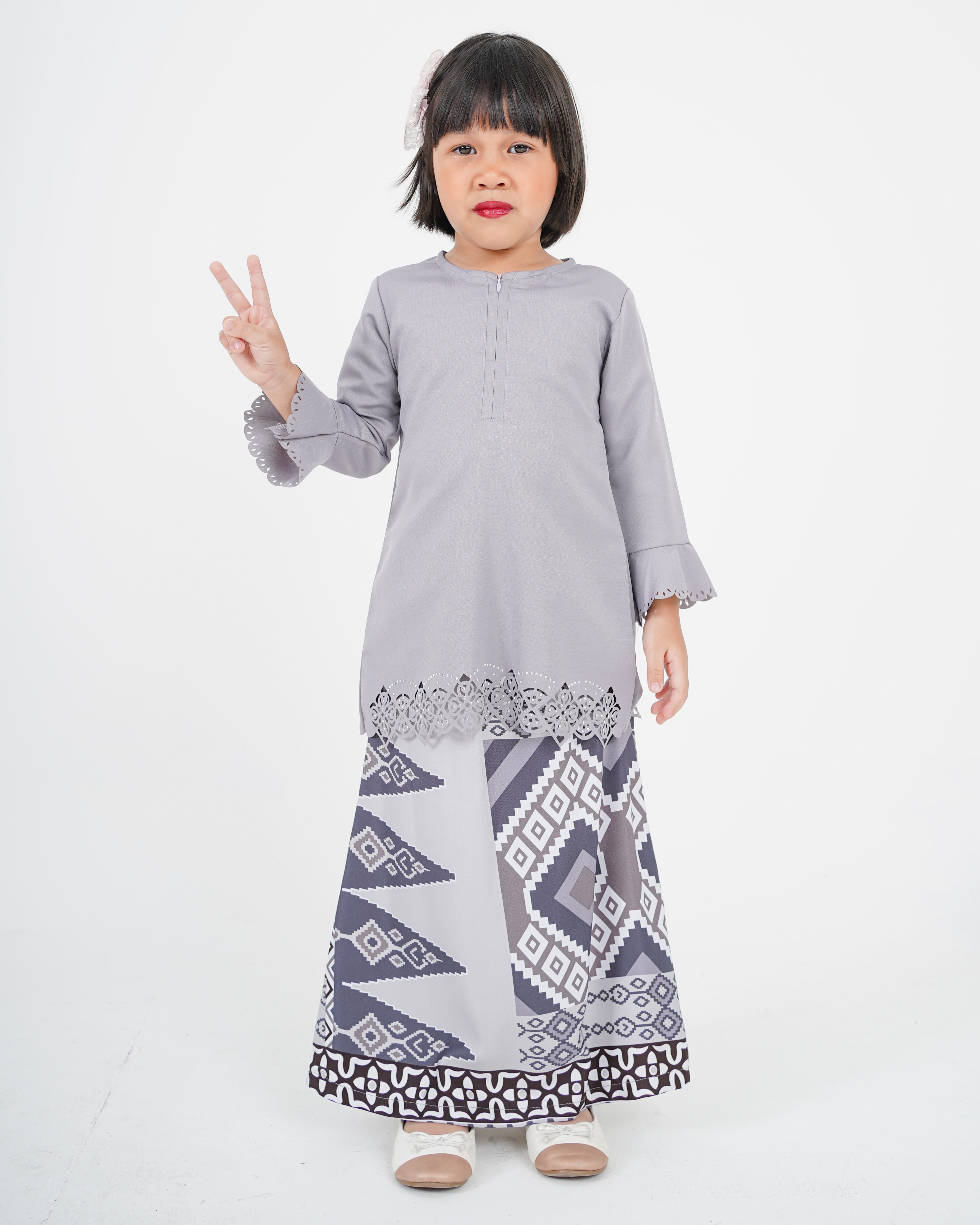 Baju Kurung Batik Lasercut Ateera Kids - Friod Gray