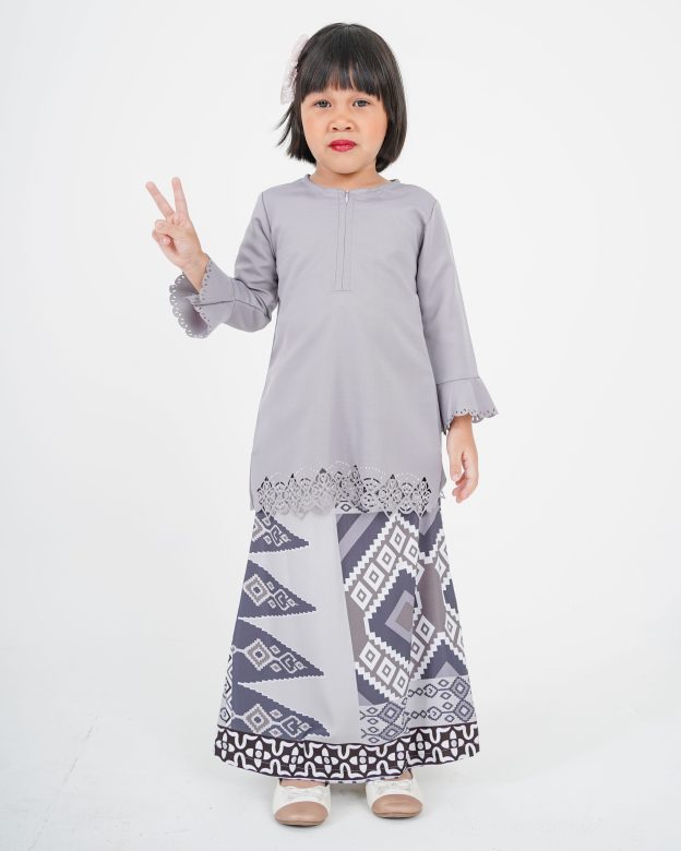 Baju Kurung Batik Lasercut Ateera Kids - Friod Gray