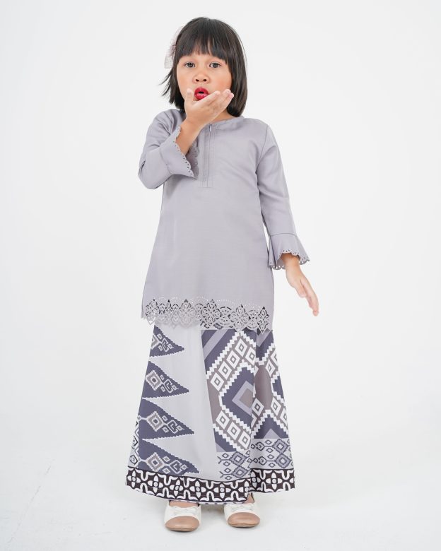Baju Kurung Batik Lasercut Ateera Kids - Friod Gray