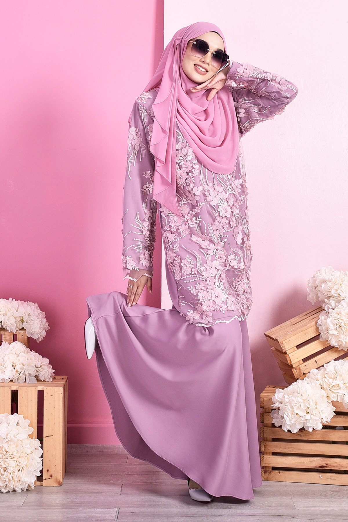 Baju Kurung Lace 3D Dolaris - Lavender