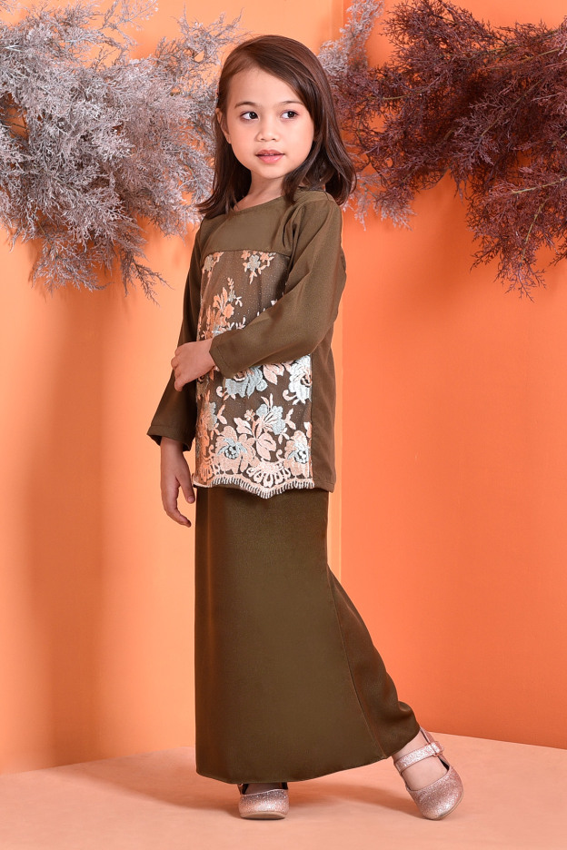 Baju Kurung Lace Lennie Kids - Olive Green