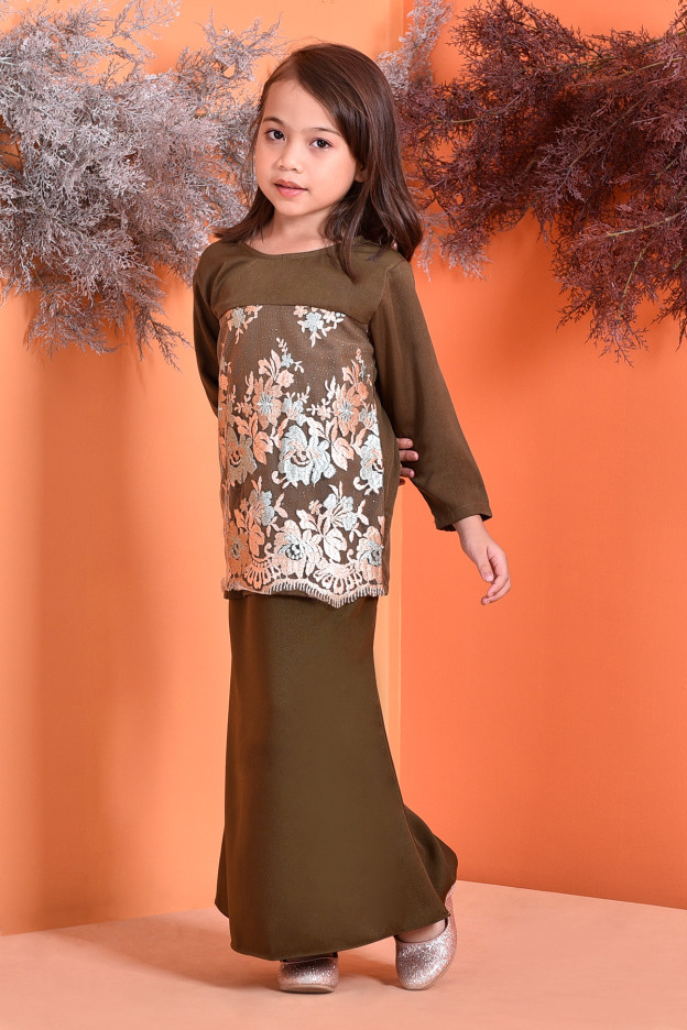 Baju Kurung Lace Lennie Kids - Olive Green
