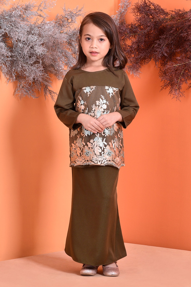Baju Kurung Lace Lennie Kids - Olive Green
