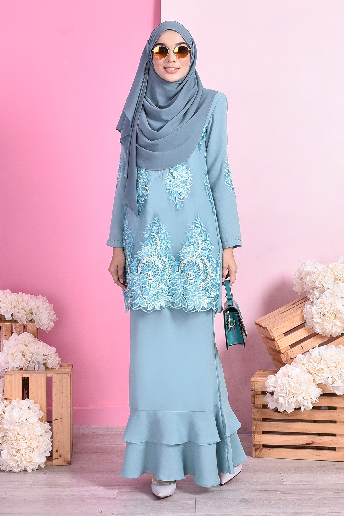 Baju Kurung Lace Dominique - Aqua Green