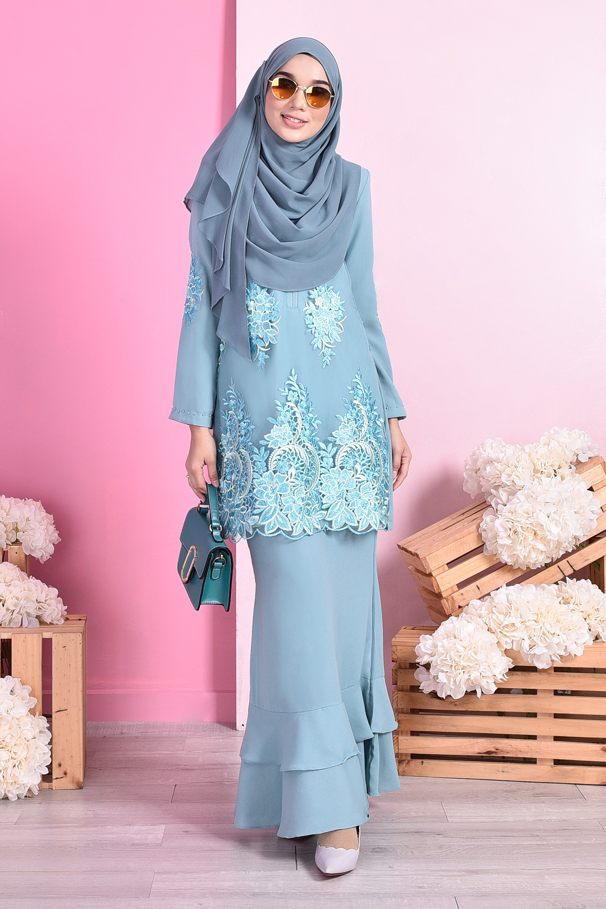 Baju Kurung Lace Dominique - Aqua Green