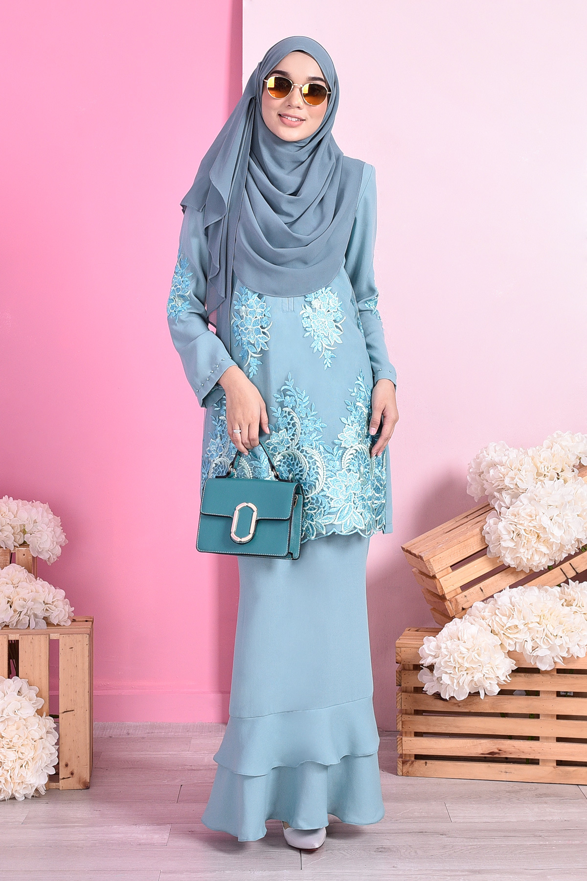 Baju Kurung Lace Dominique - Aqua Green