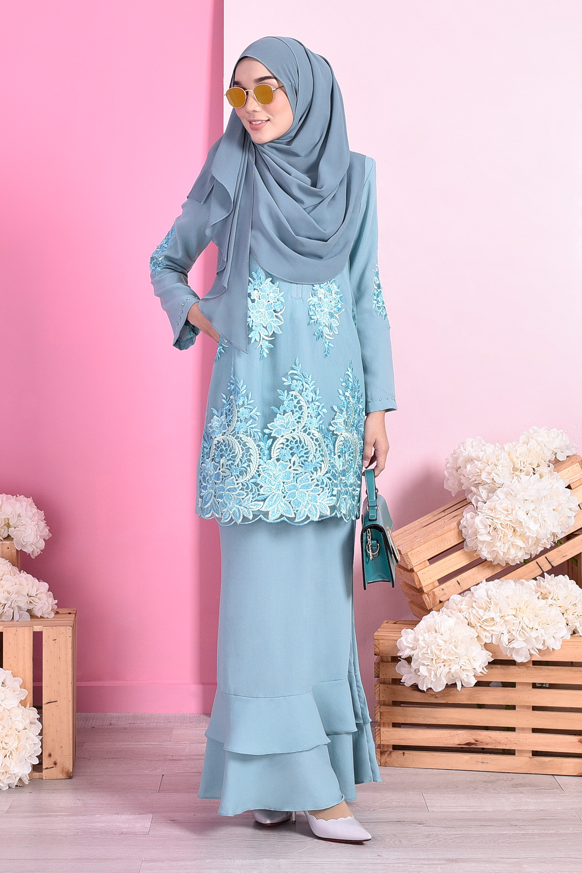 Baju Kurung Lace Dominique - Aqua Green