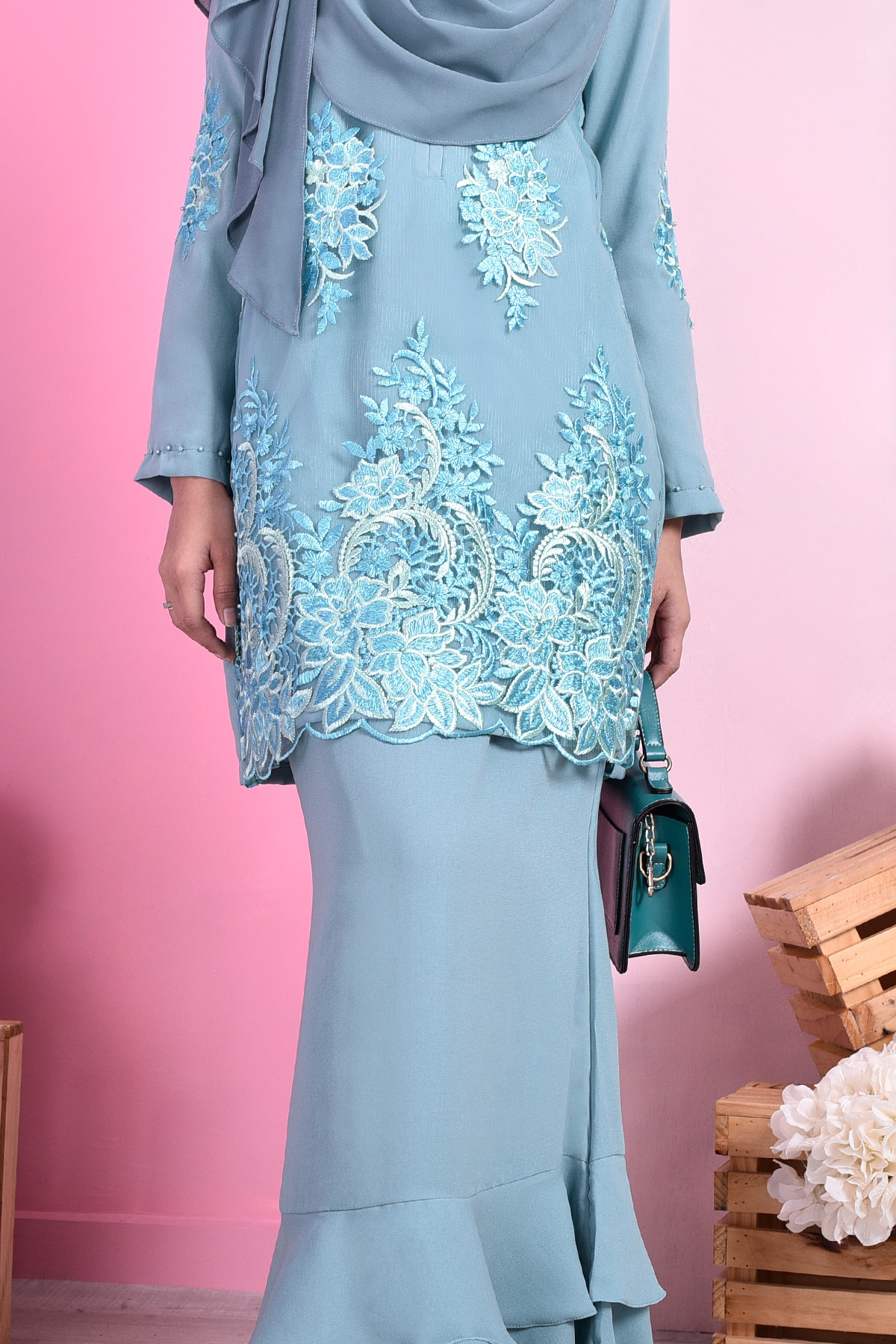Baju Kurung Lace Dominique - Aqua Green
