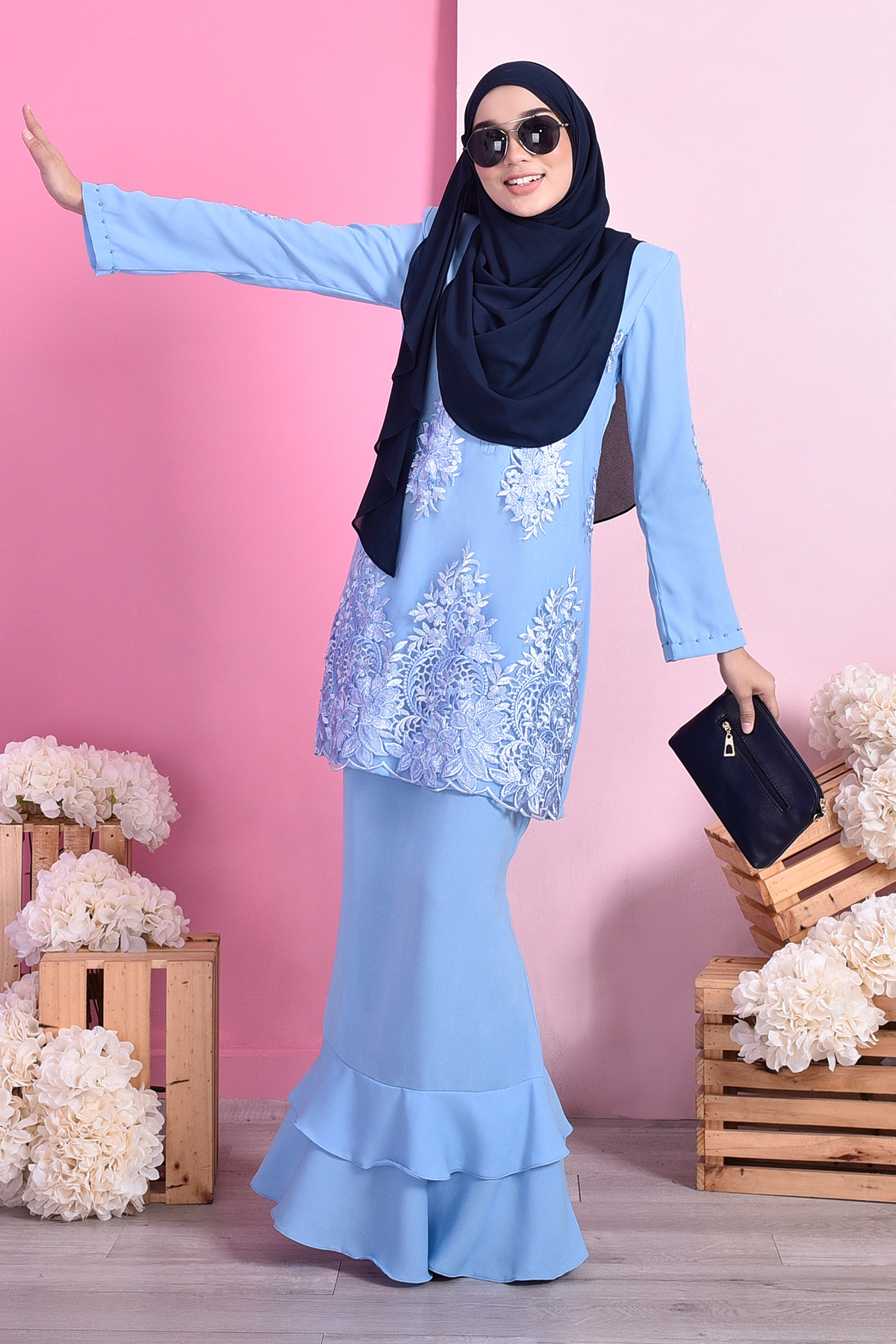 Baju Kurung Lace Dominique - Ice Blue