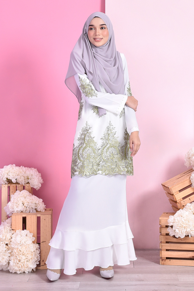 Baju Kurung Lace Dominique - Cotton White