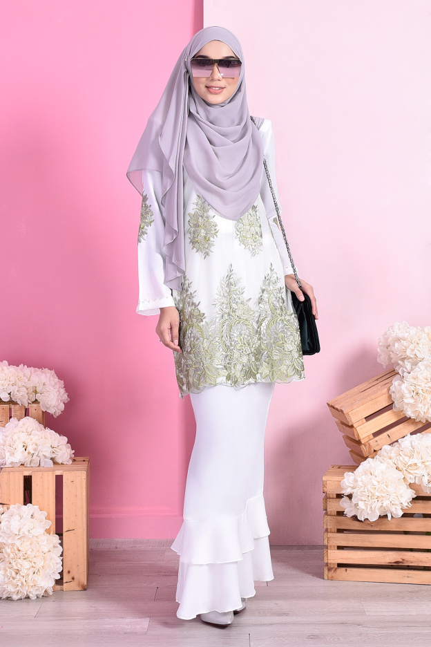 Baju Kurung Lace Dominique - Cotton White