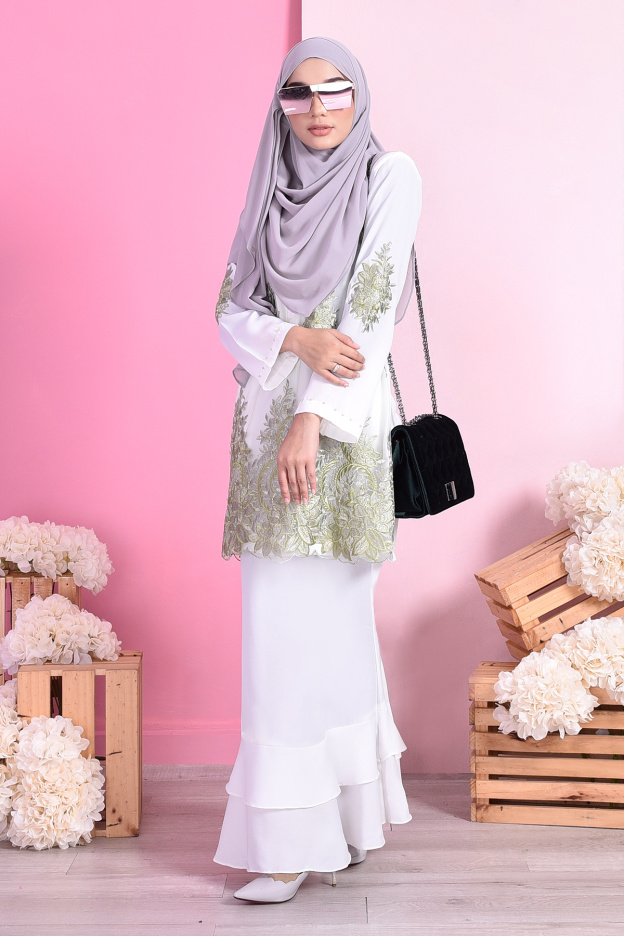 Baju Kurung Lace Dominique - Cotton White