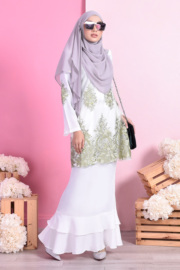 Baju Kurung Lace Dominique - Cotton White