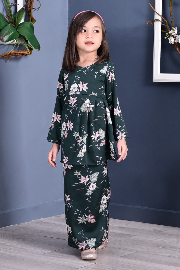 Baju Kurung Pleated Ruby Kids - Forest Green
