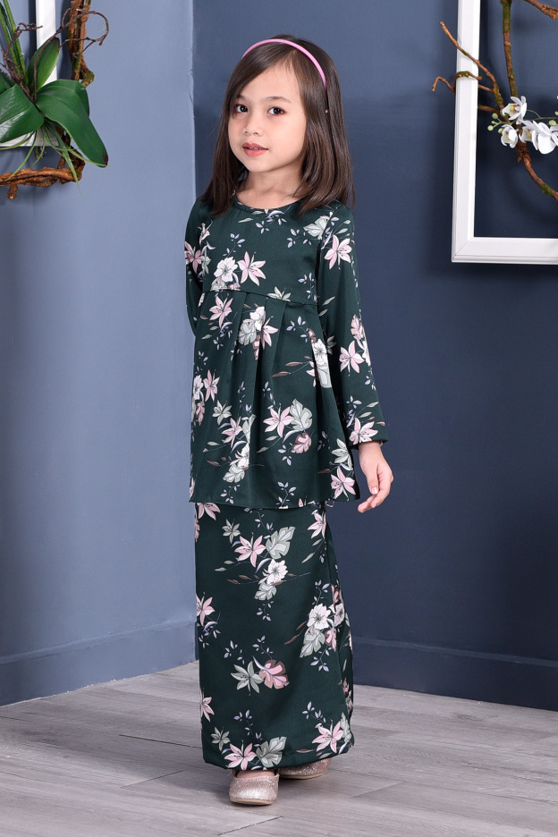 Baju Kurung Pleated Ruby Kids - Forest Green