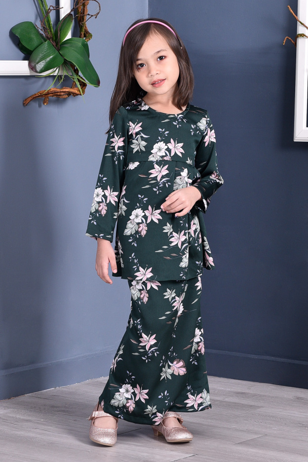 Baju Kurung Pleated Ruby Kids - Forest Green