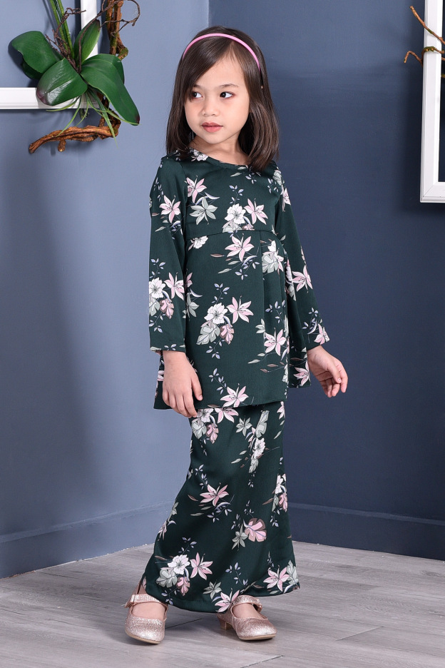 Baju Kurung Pleated Ruby Kids - Forest Green