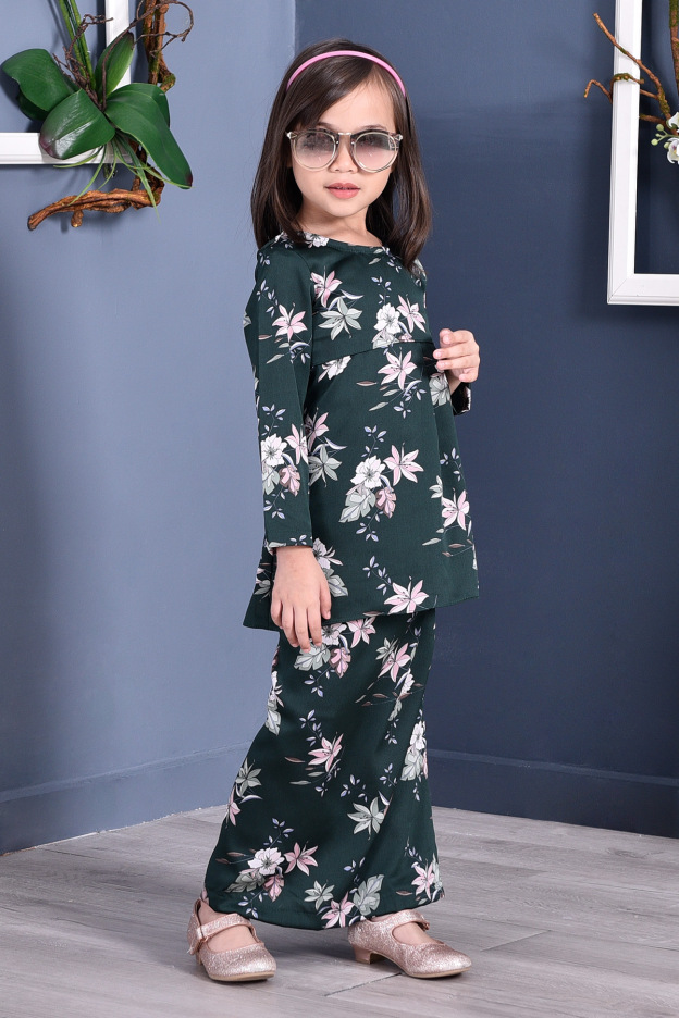 Baju Kurung Pleated Ruby Kids - Forest Green