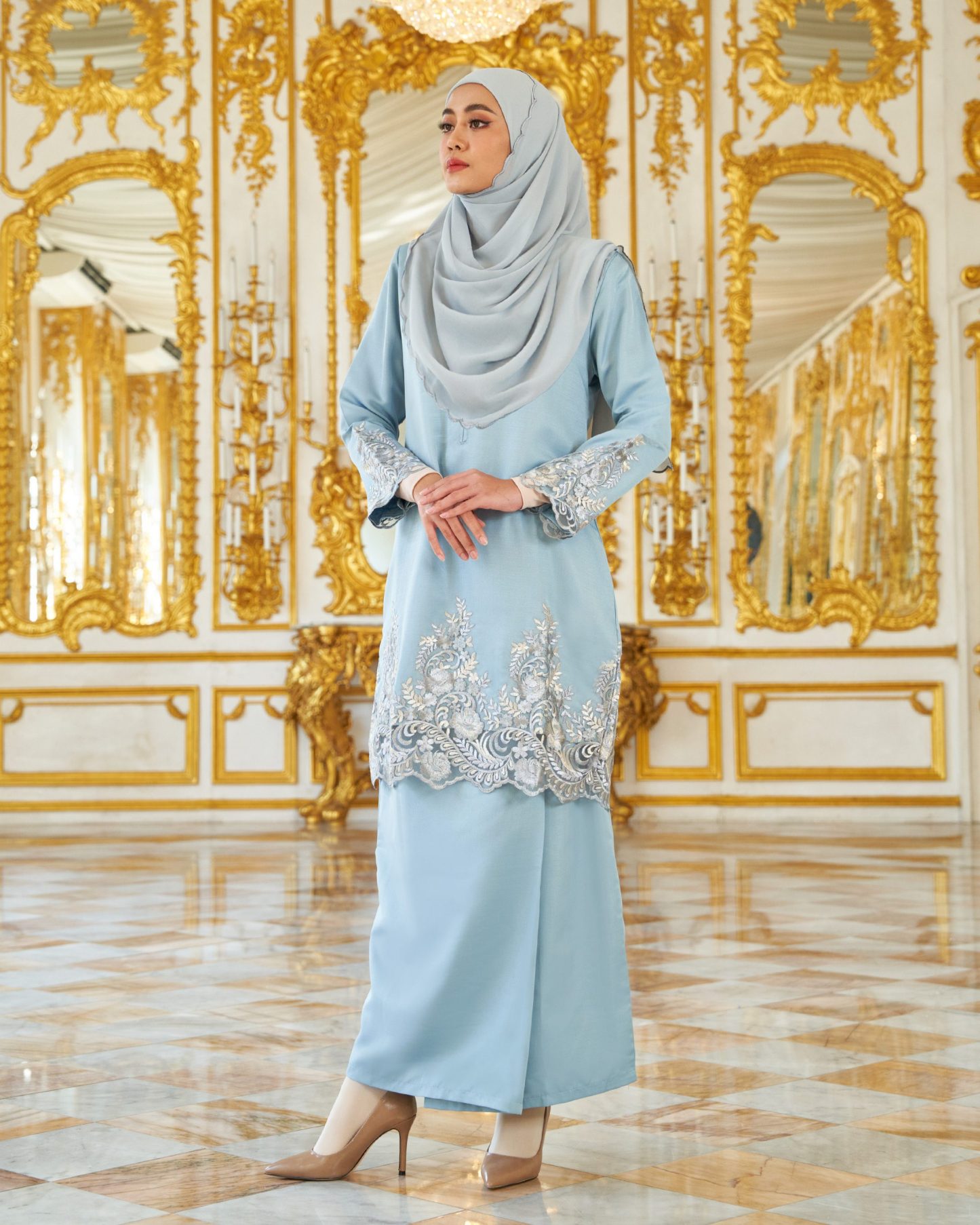 Baju Kurung Royal Lace Ayra - Dusty Blue