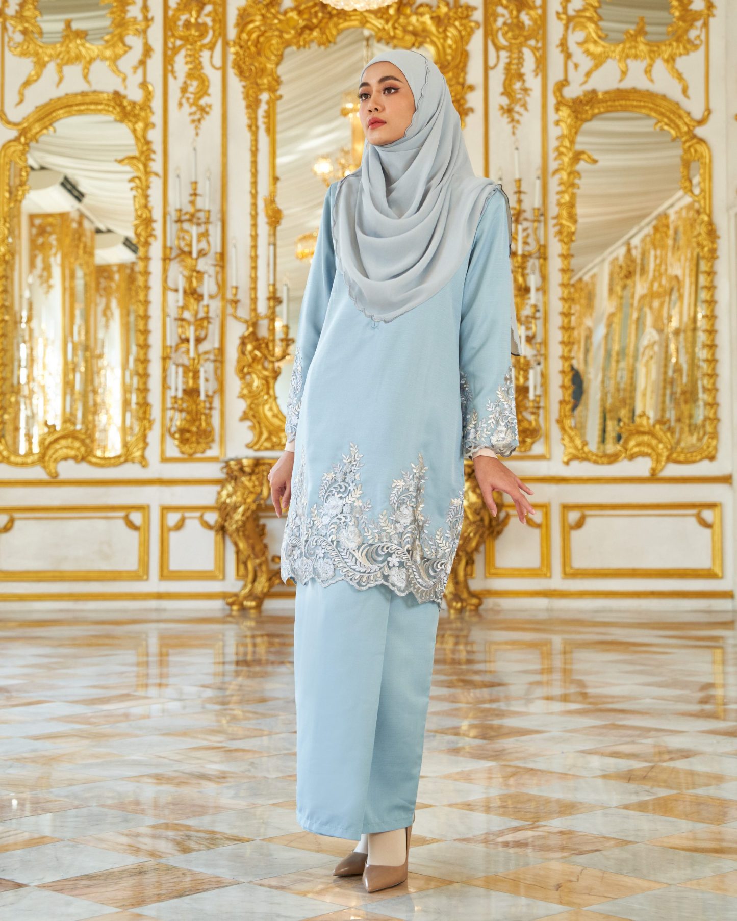 Baju Kurung Royal Lace Ayra - Dusty Blue