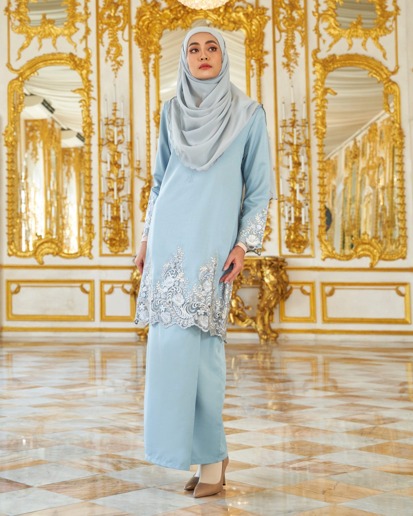 Baju Kurung Royal Lace Ayra - Dusty Blue