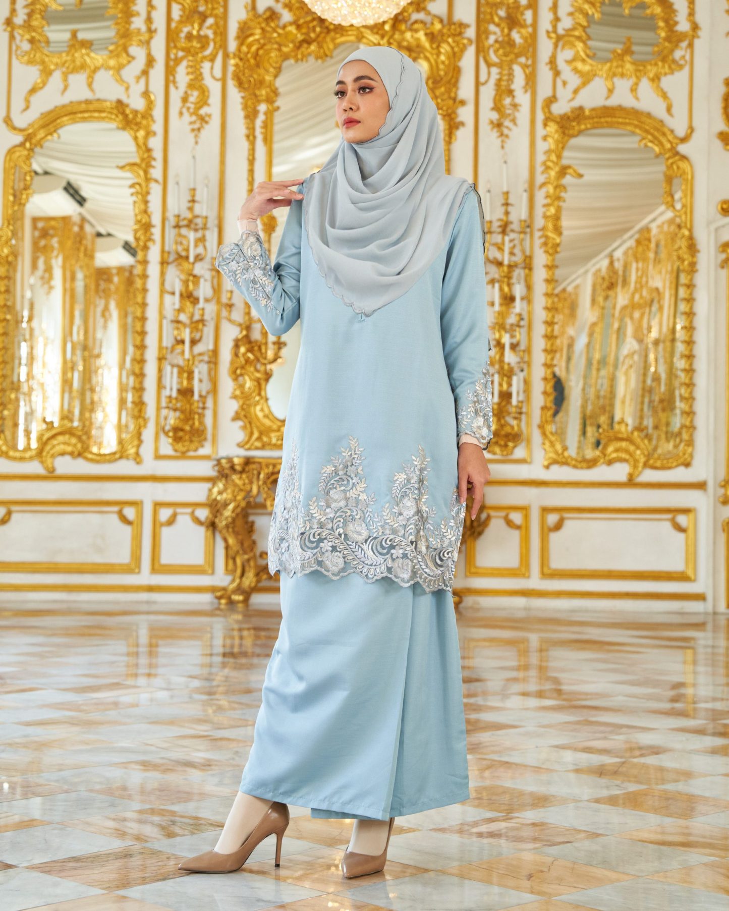Baju Kurung Royal Lace Ayra - Dusty Blue